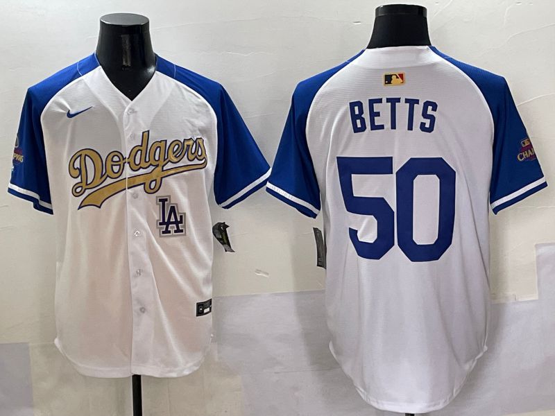 Men Los Angeles Dodgers 50 Betts White Blue Champion gold character Nike 2025 MLB Jersey style 5059
